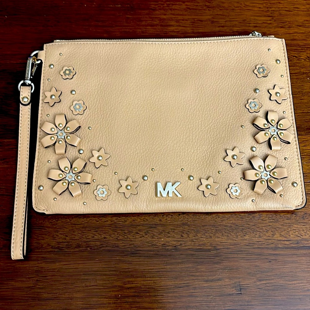 Michael Kors Medium Floral Embellished Zip Pouch Acorn Leather Wristlet